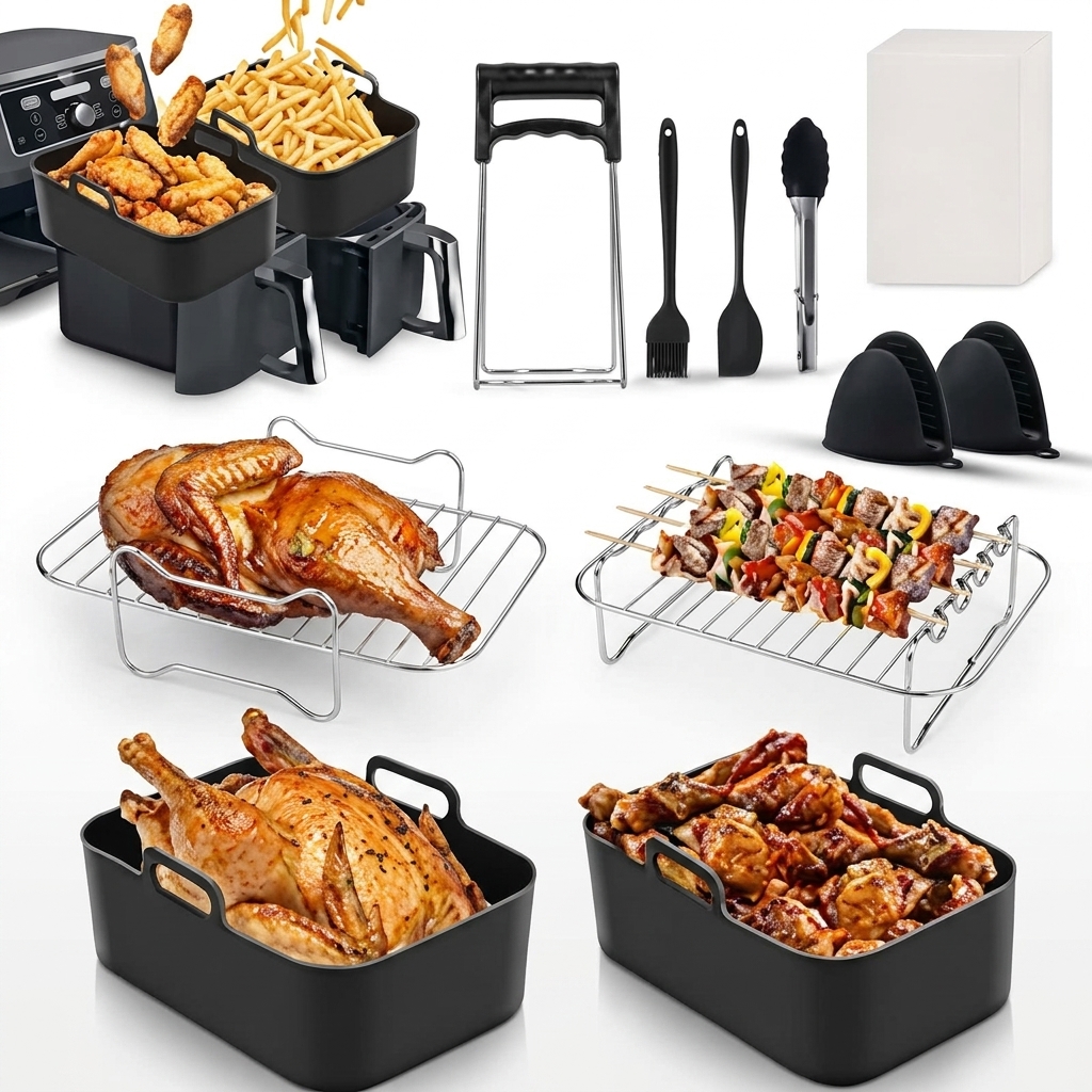 Air Fryer Accessories Set (12pcs) for Dual Air Fryers - Silicone Liners, Racks, Gloves, Tongs & Brush